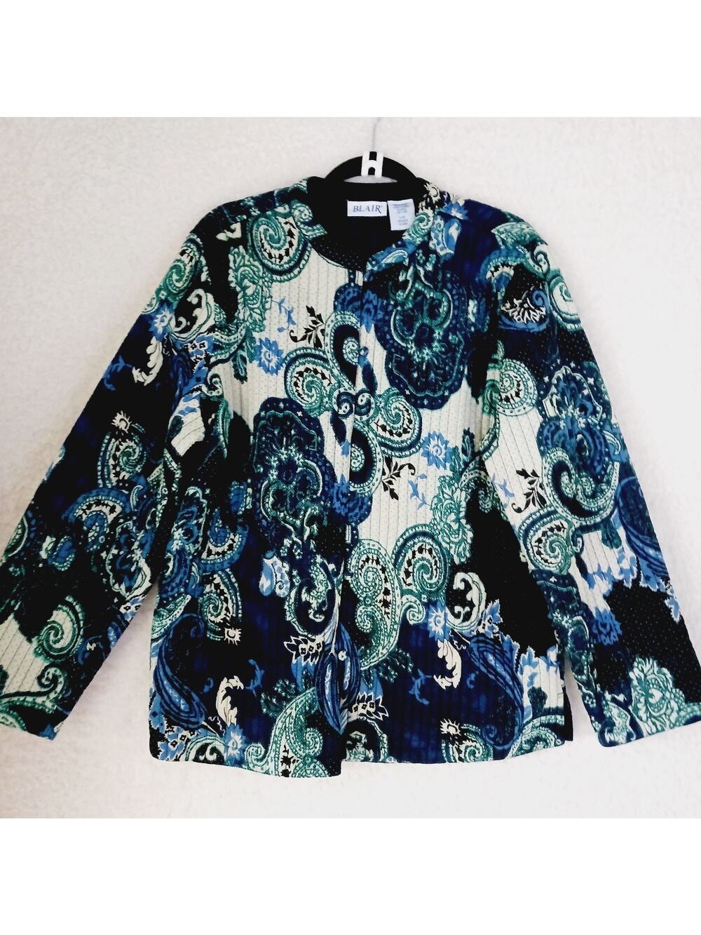 Jacket Women Blair Button-Up Covered Cloth Paisley Pocket Blue Black Quilt Sz L